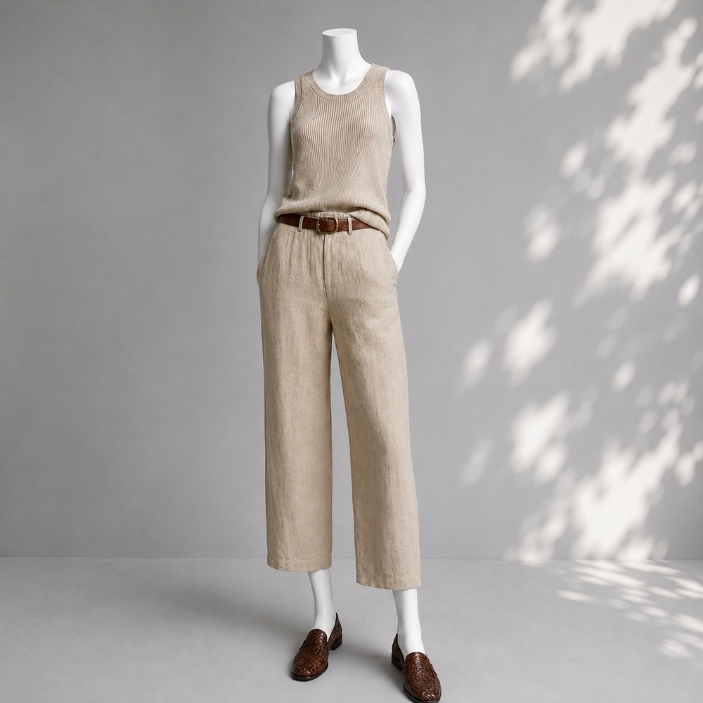 Quince 100% European Linen Pants M Driftwood Beige Wide Leg Cropped Coastal
